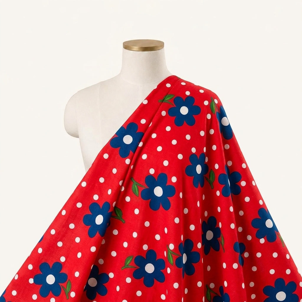 Floral Red Floral Cotton Fabric Draped as a saree
