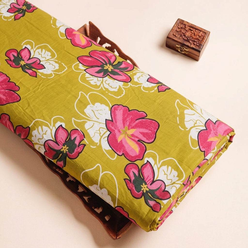 Floral Yellow Floral Cotton Fabric on a wooden tray