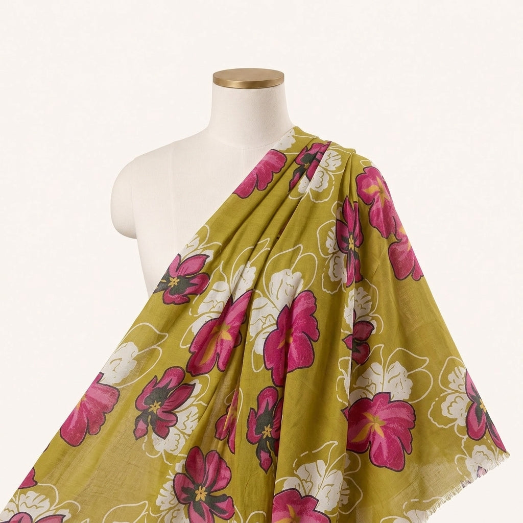 Floral Yellow Floral Cotton Fabric Draped as a saree
