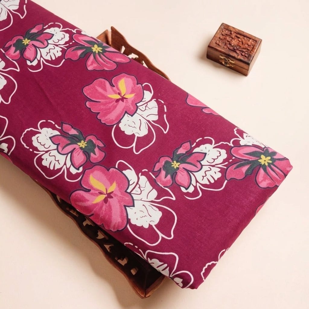 Floral Maroon Floral Cotton Fabric on a wooden tray