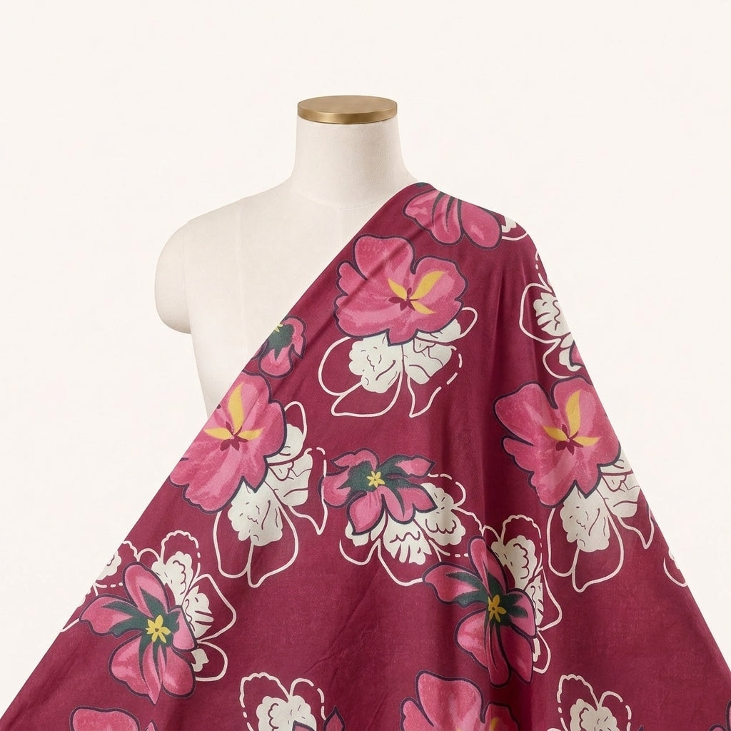 Floral Maroon Floral Cotton Fabric Draped as a saree