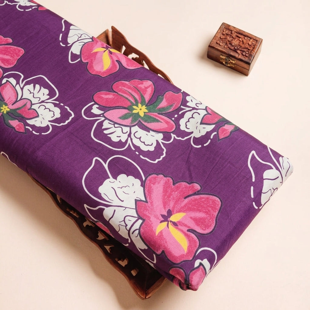 Floral Purple Floral Cotton Fabric on a wooden tray