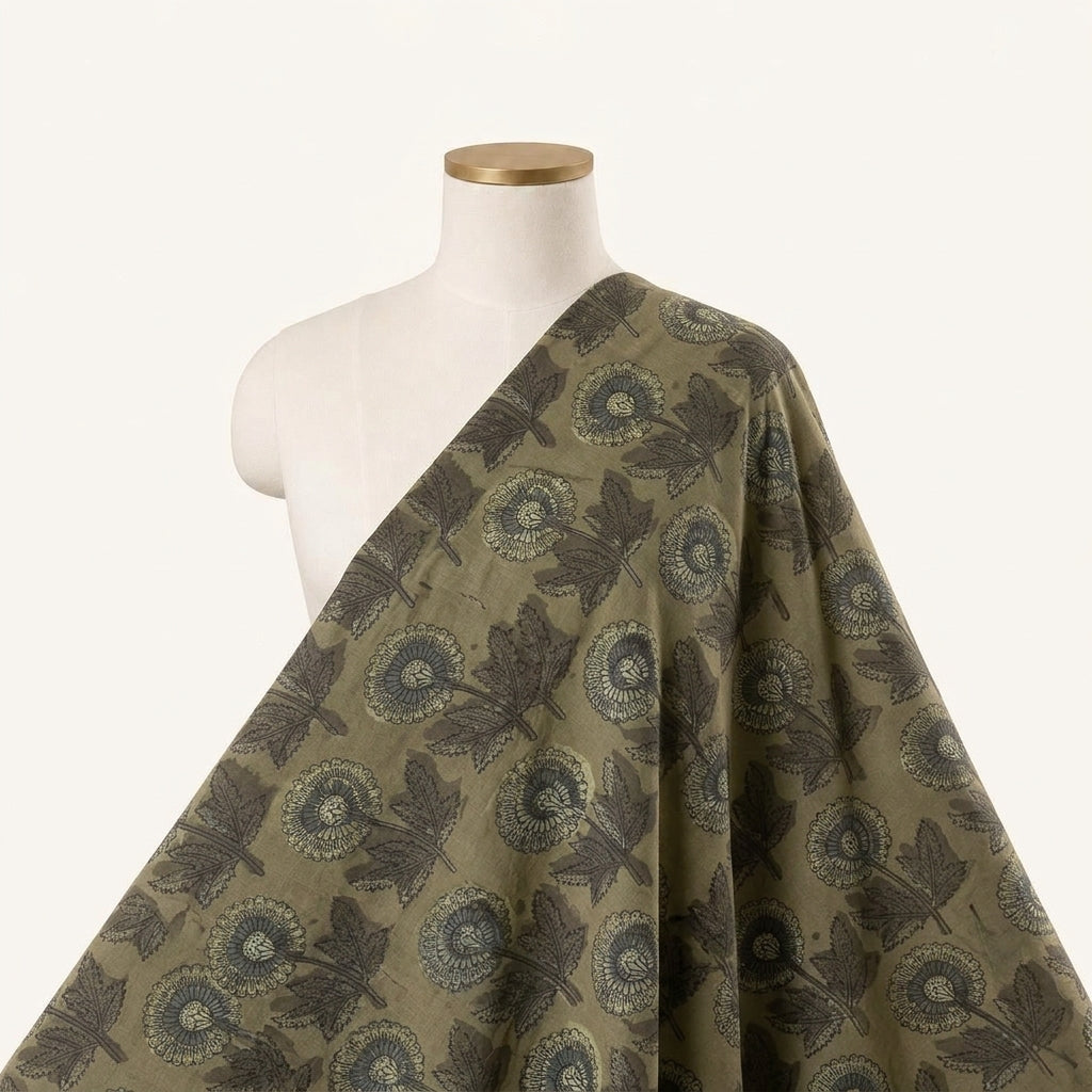 Floral Dark Green Floral Cotton Fabric Draped as a saree