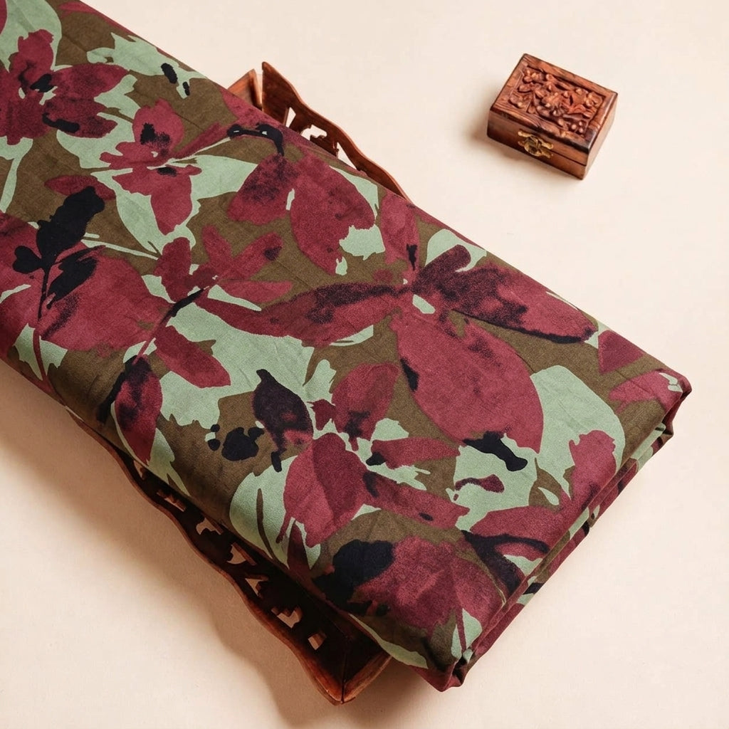 Folded Maroon Leaf Cotton Fabric Highlighting and Texture
