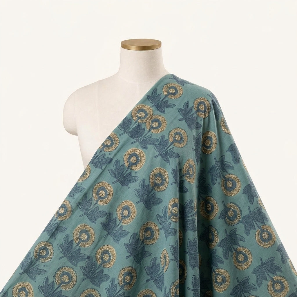 Floral Green Floral Cotton Fabric Draped as a saree