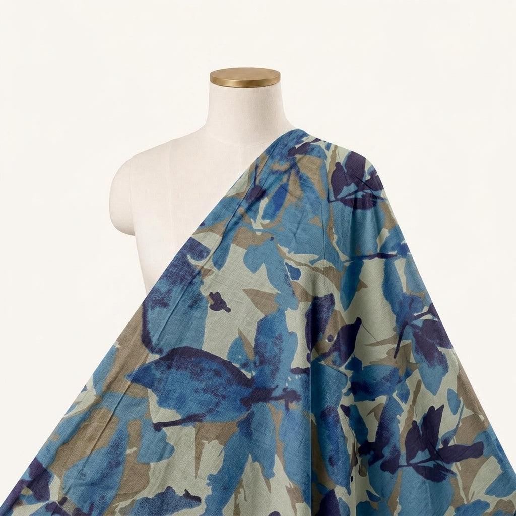 Leaf Blue Leaf Cotton Fabric Draped as a saree