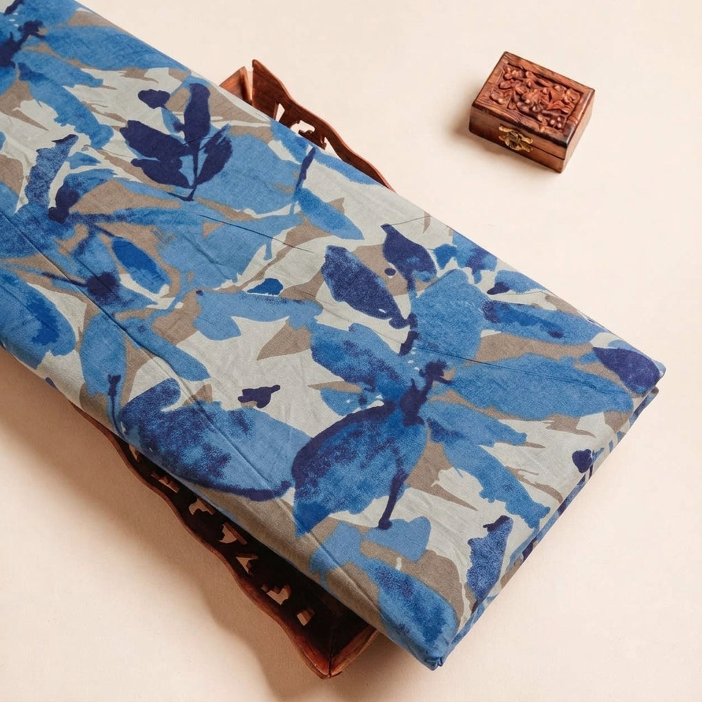 Folded Blue Leaf Cotton Fabric Highlighting and Texture