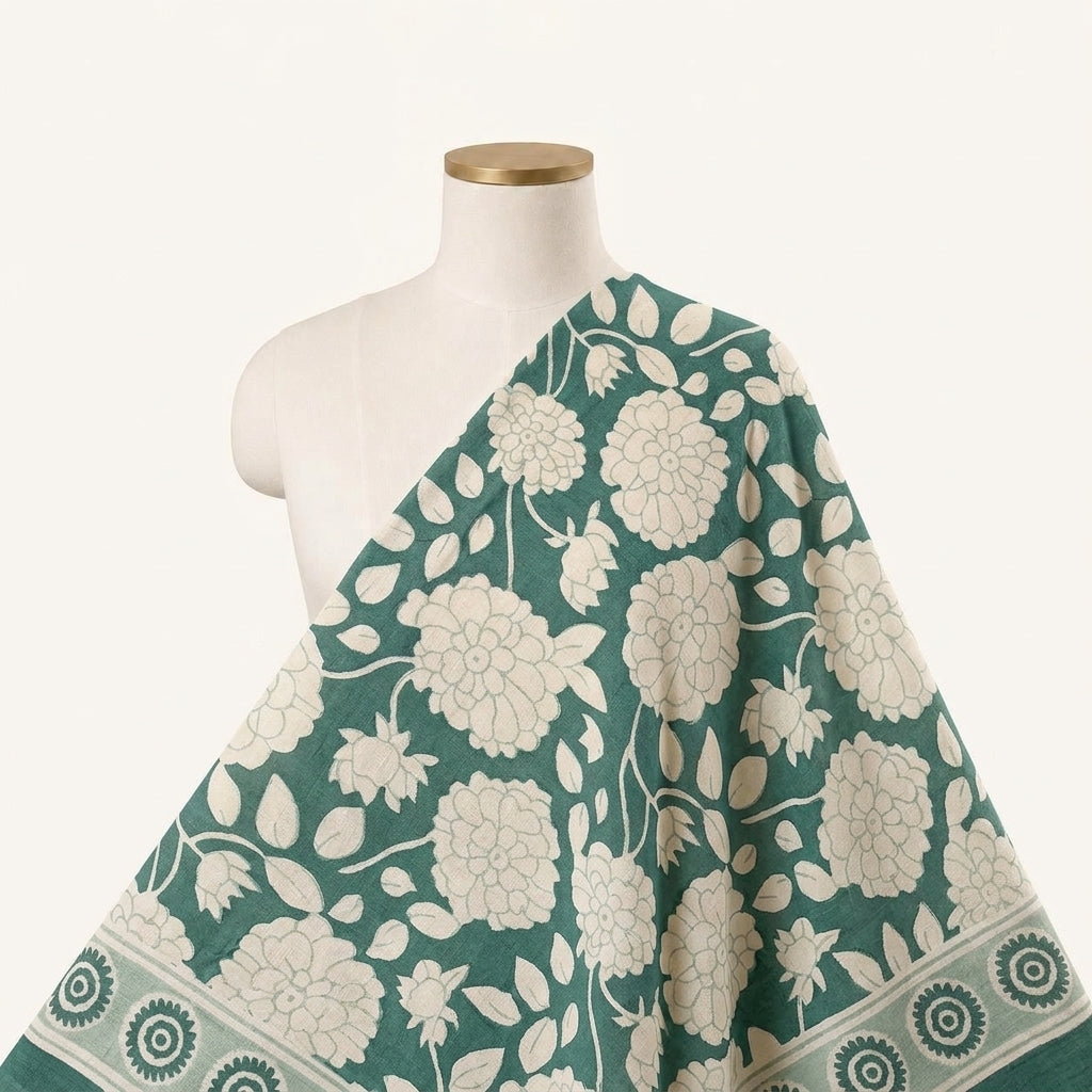 Floral Green Floral Cotton Fabric Draped as a saree
