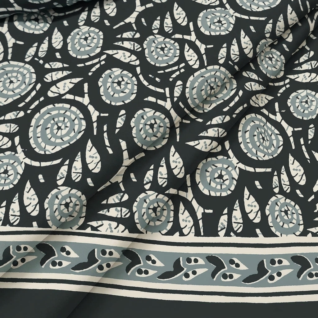 Folded Floral Dark Green Floral Cotton Fabric
