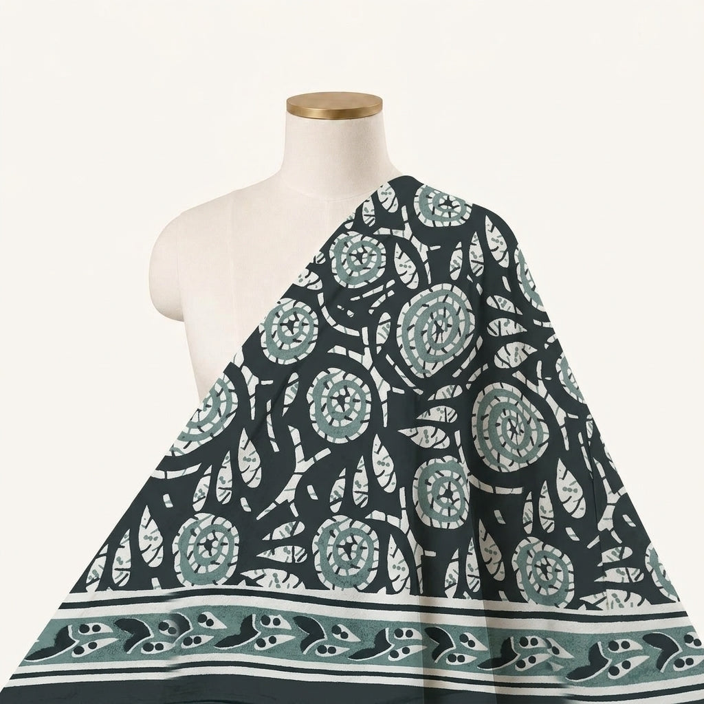 Floral Dark Green Floral Cotton Fabric Draped as a saree