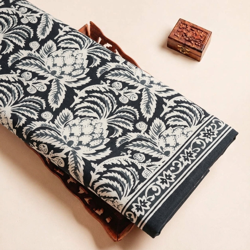 Folded Dark Green Floral Cotton Fabric Highlighting Border and Texture