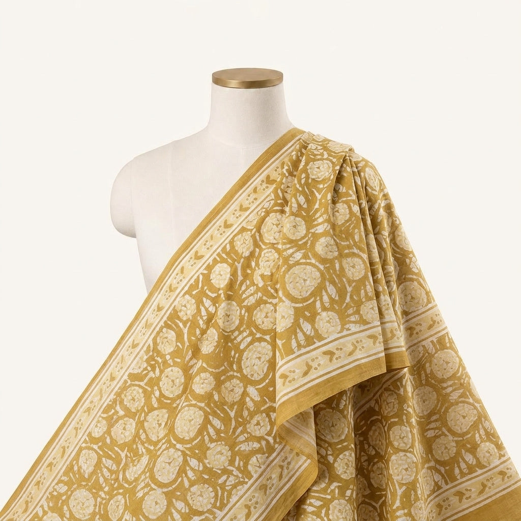 Floral Mustard Yellow Floral Cotton Fabric Draped as a saree