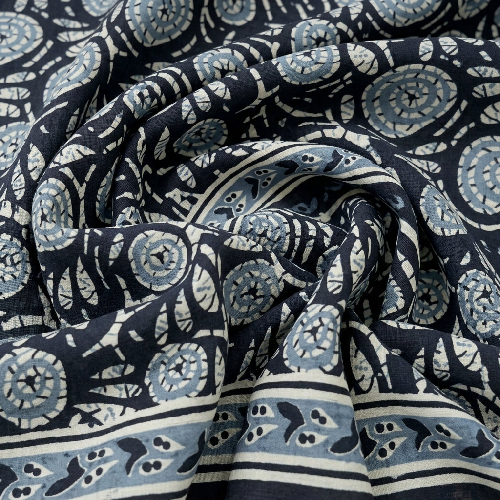 Swirled Floral Navy Blue Floral Cotton Fabric