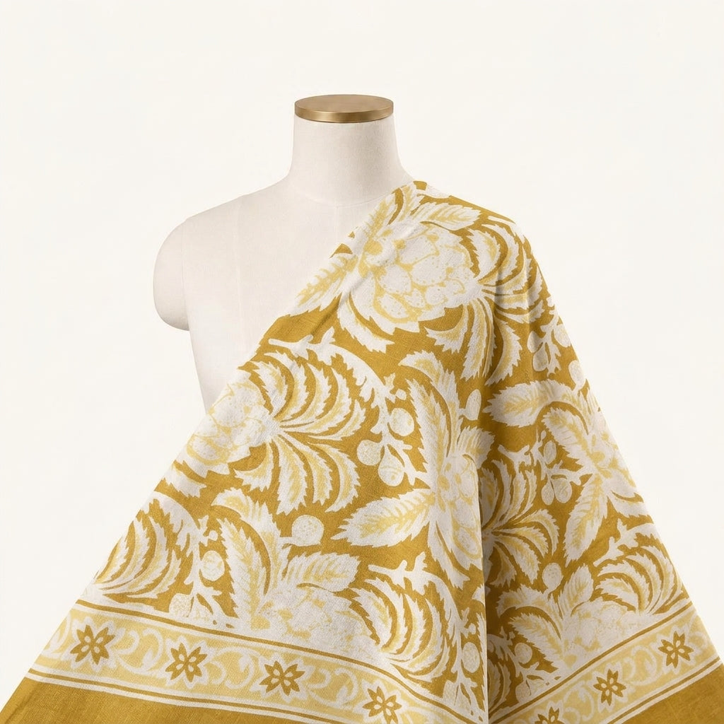 Floral Mustard Yellow Floral Cotton Fabric Draped as a saree