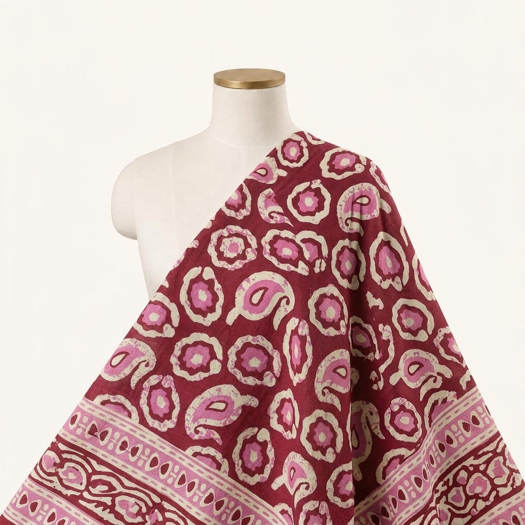 Paisley Pink Paisley Cotton Fabric Draped as a saree