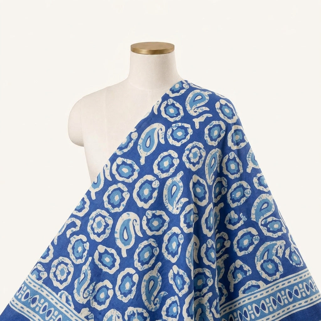 Paisley Blue Paisley Cotton Fabric Draped as a saree