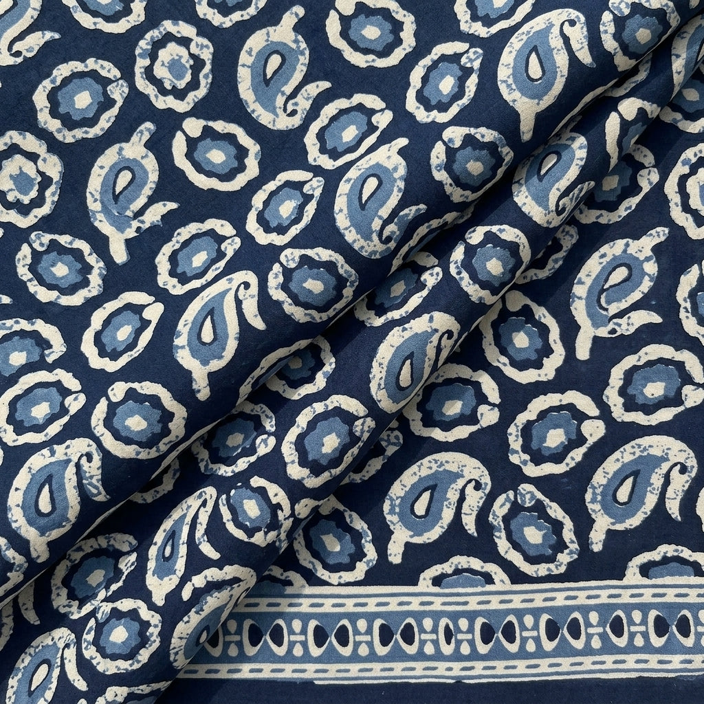Folded Paisley Navy Blue Paisley Cotton Fabric
