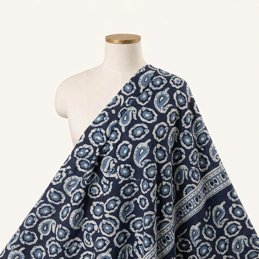 Paisley Navy Blue Paisley Cotton Fabric Draped as a saree