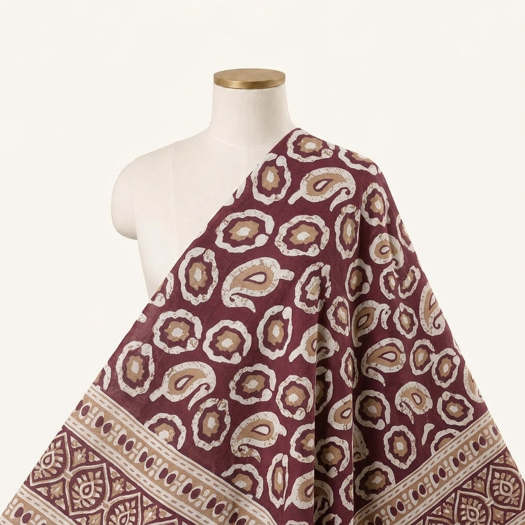 Paisley Wine Paisley Cotton Fabric Draped as a saree