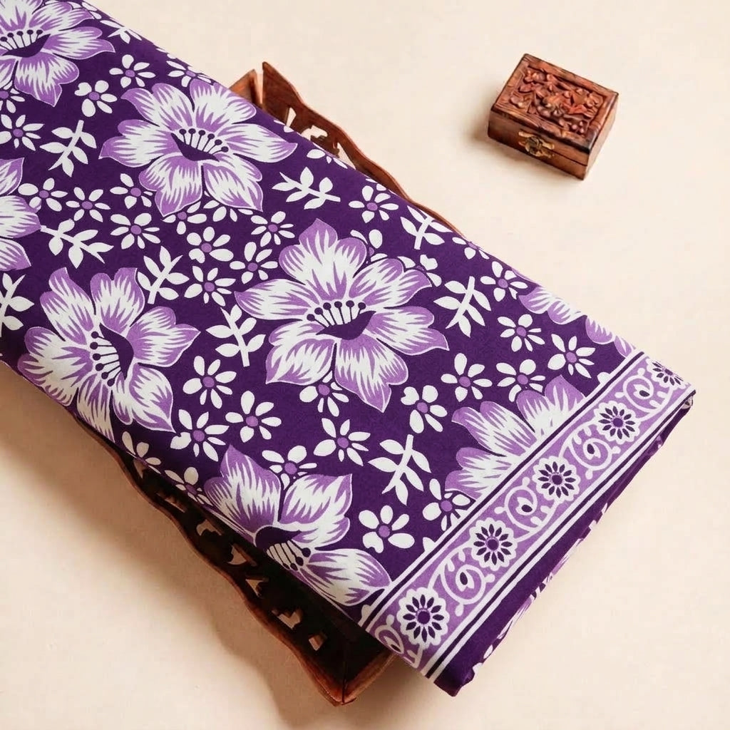 Folded Purple Floral Cotton Fabric Highlighting Border and Texture