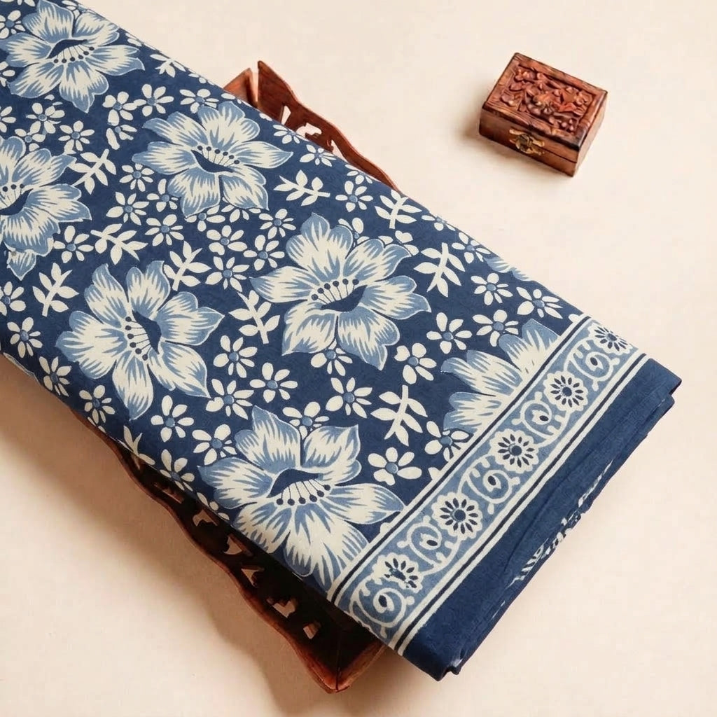 Folded Blue Floral Cotton Fabric Highlighting Border and Texture