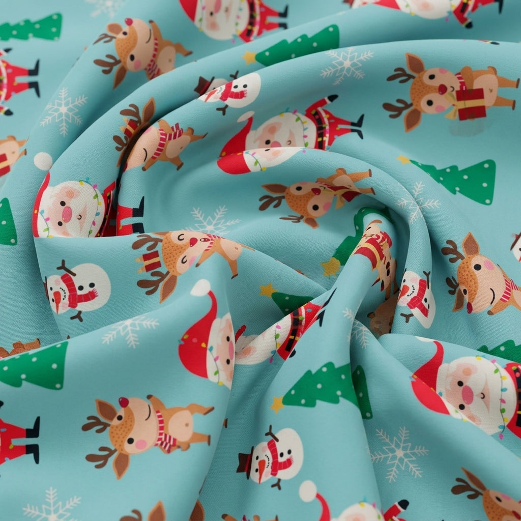 Swirled Printed Light Blue Printed Satin Fabric