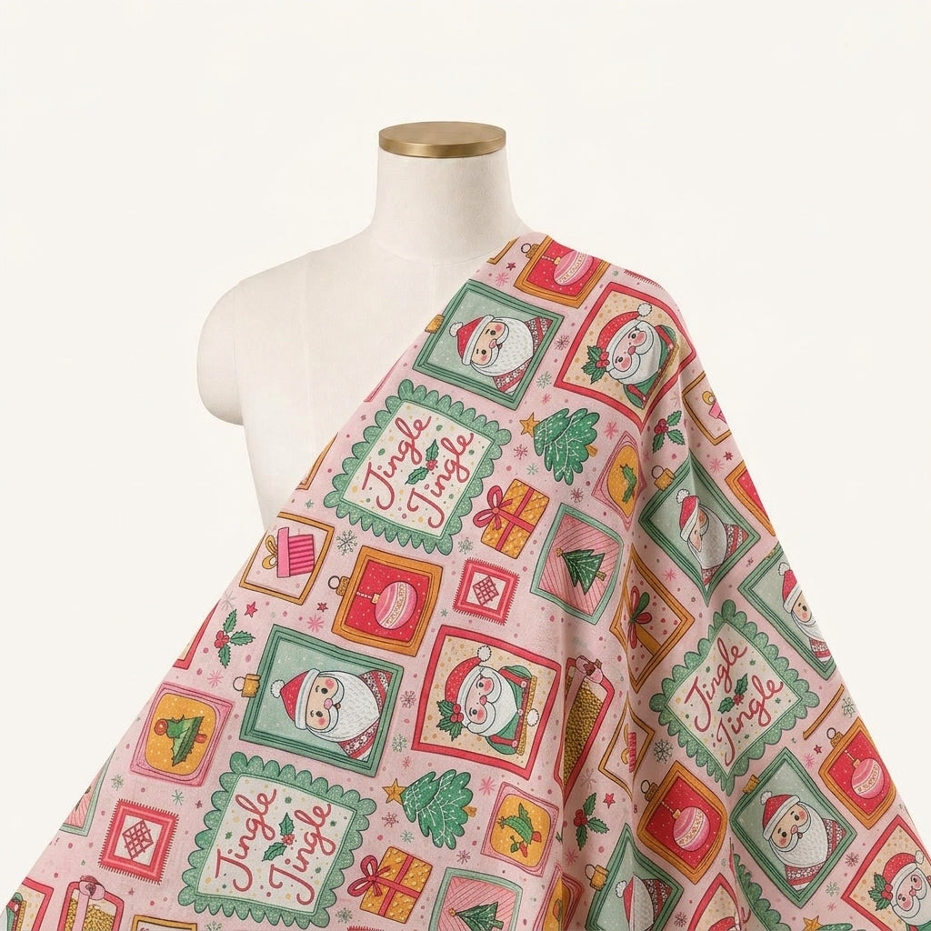 Printed Pink Printed Satin Fabric Draped as a saree