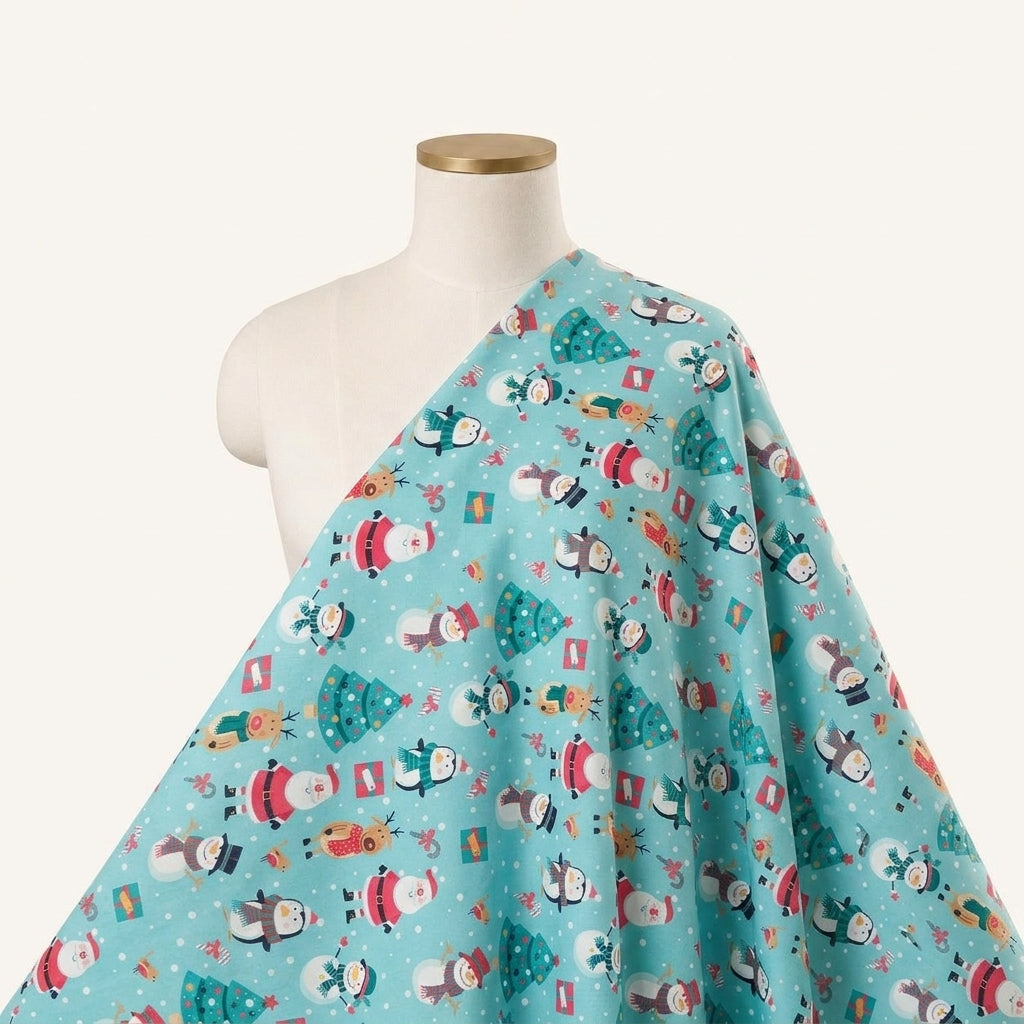 Printed Blue Printed Satin Fabric Draped as a saree