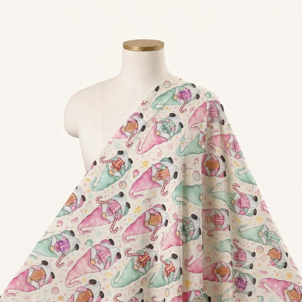 Printed Cream Printed Satin Fabric Draped as a saree