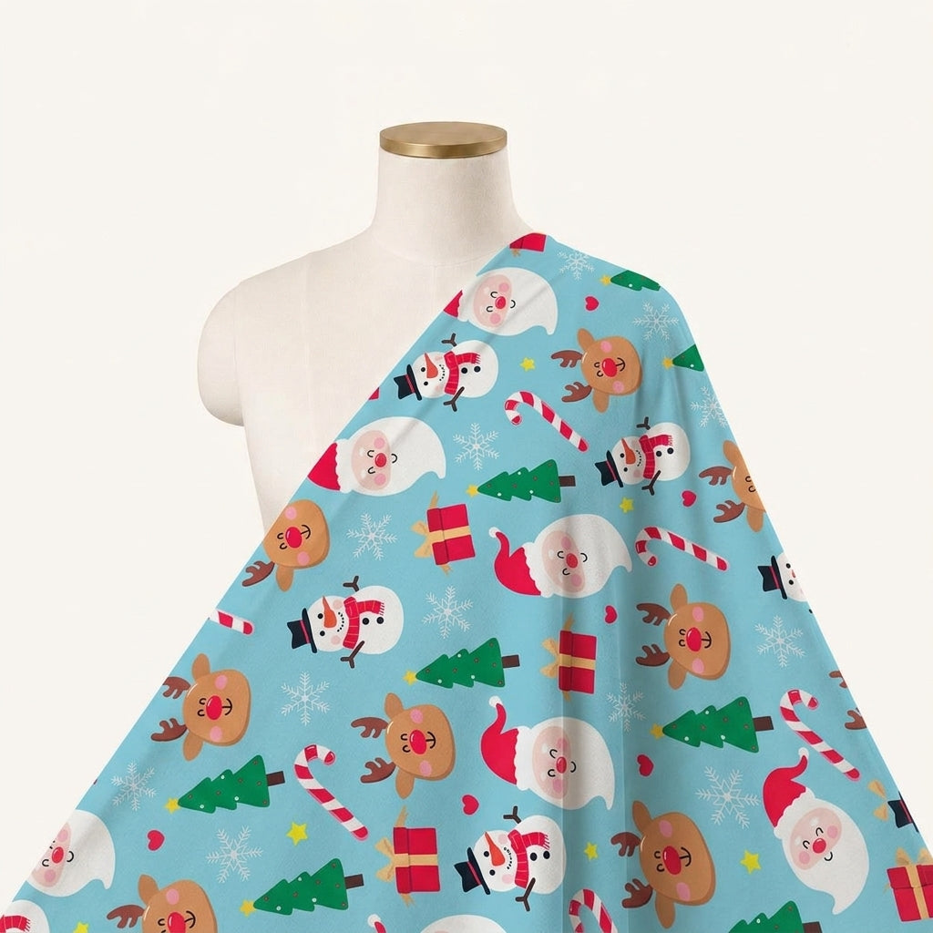 Printed Blue Printed Satin Fabric Draped as a saree