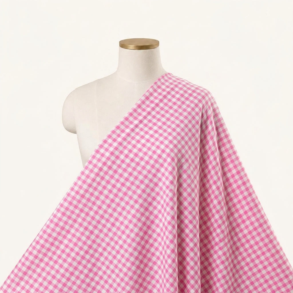 Checked Pink Checked Terry Cotton Fabric Draped as a saree