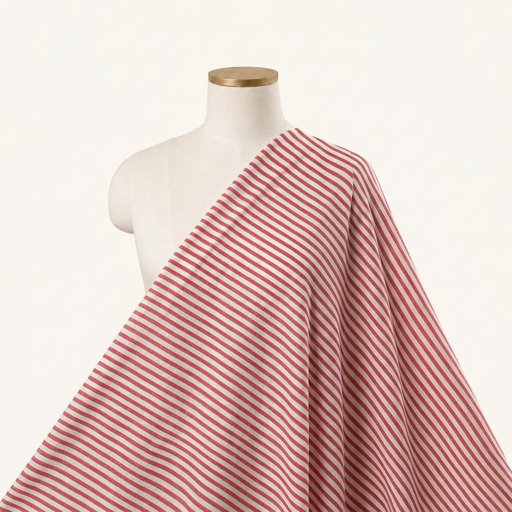 Stripes Light Red Stripes Terry Cotton Fabric Draped as a saree