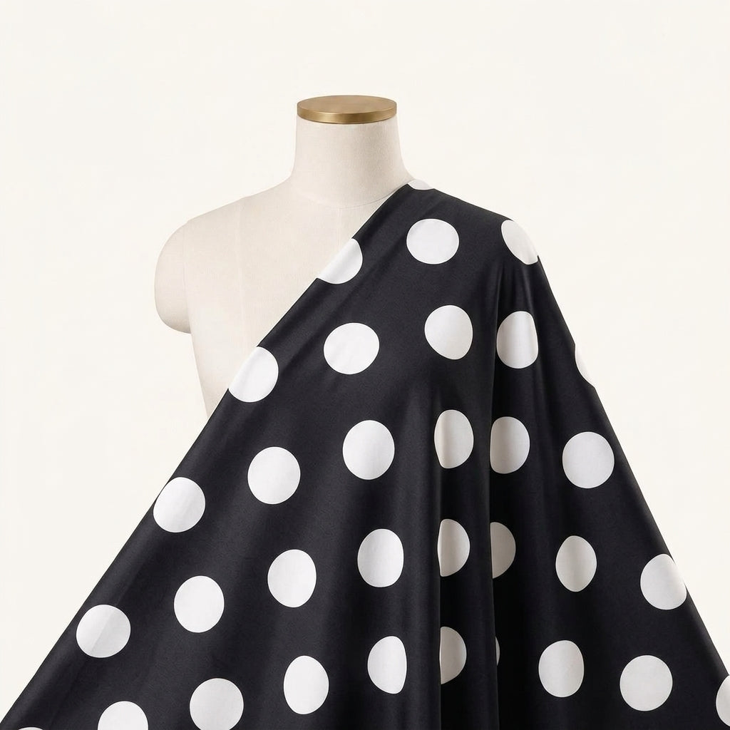 Polka Dots Black Polka Dots Satin Fabric Draped as a saree