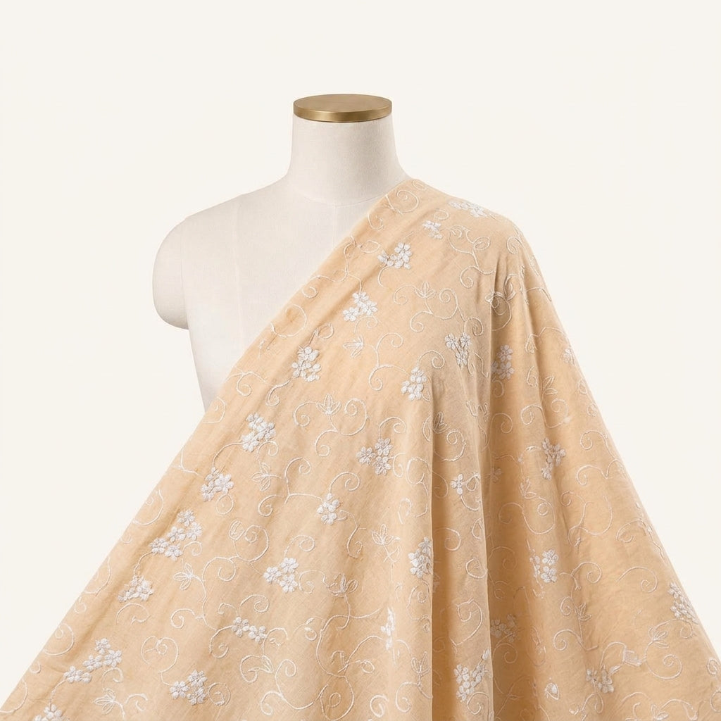 Embroidery Peach Embroidery Cotton Fabric Draped as a saree