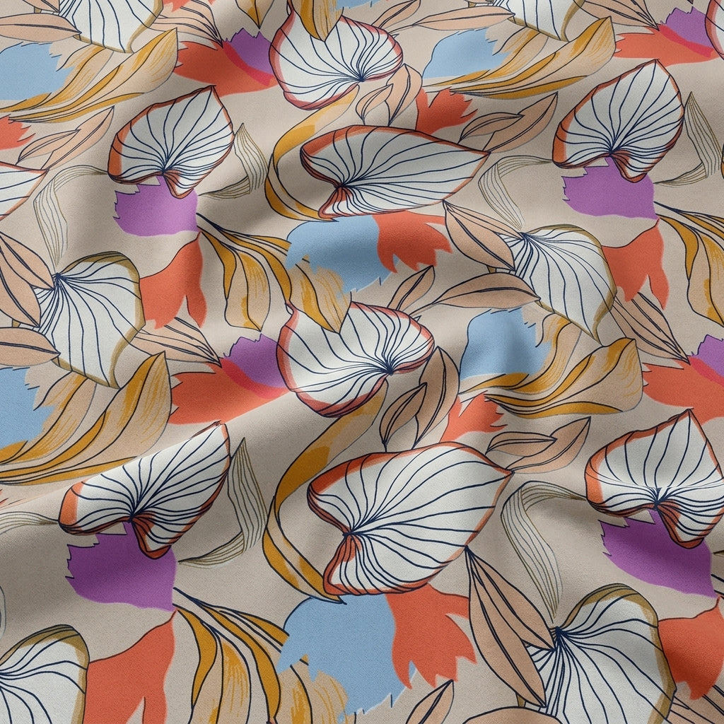 Swirled Leaf Fawn Leaf Crepe Fabric