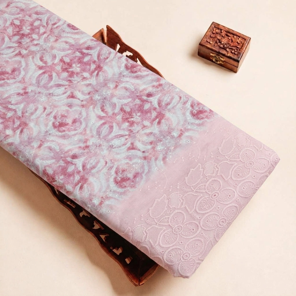 Folded Pink Embroidery Cotton Fabric Highlighting Border Floral and Texture