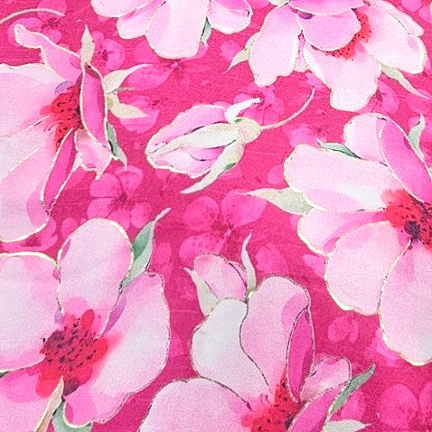 Pink Floral Satin Fabric, laid flat