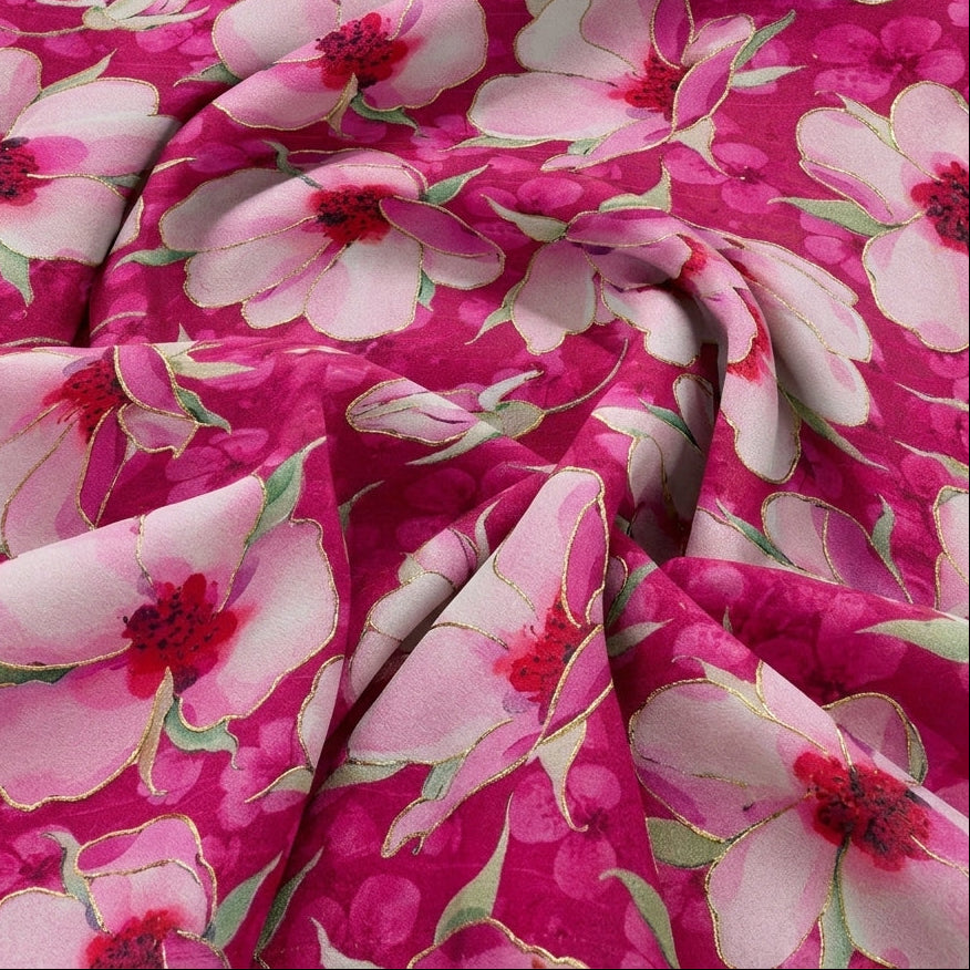 Swirled Pink Floral Satin Fabric Showing Foil and Drape