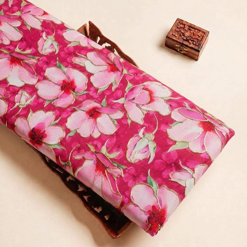 Pink Floral Satin Fabric, folded