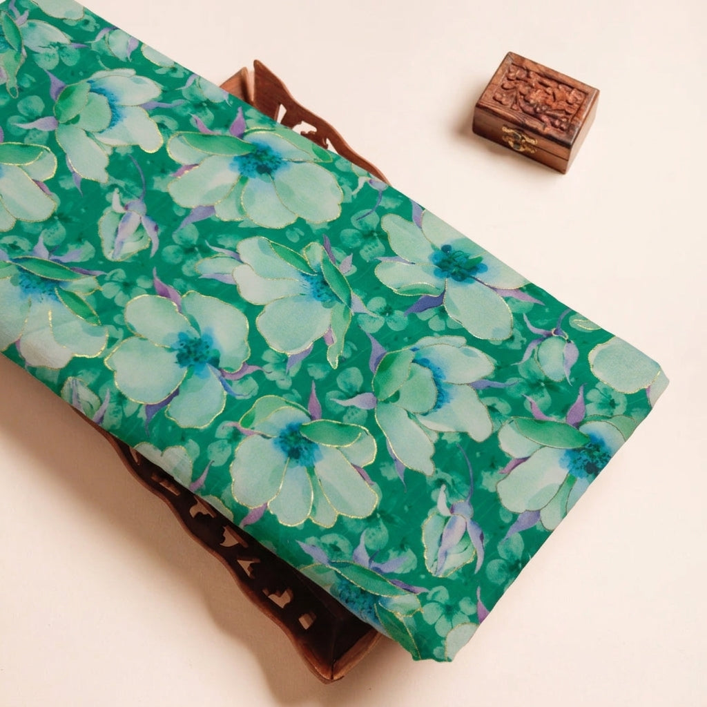 Floral Green Floral Satin Fabric on a wooden tray