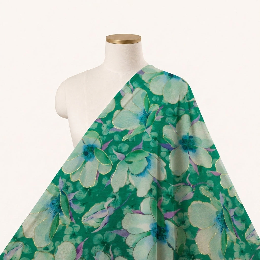 Floral Green Floral Satin Fabric Draped as a saree
