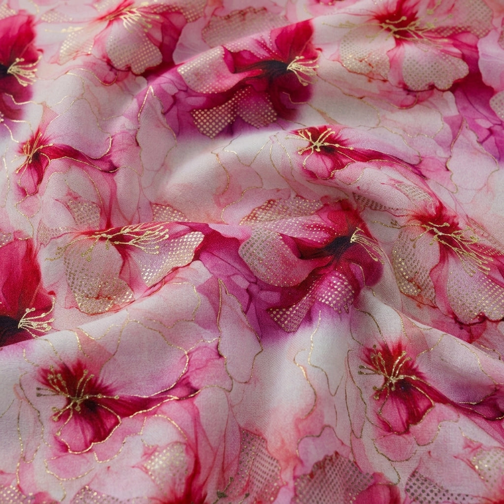 Swirled Floral Pink Floral Satin Fabric