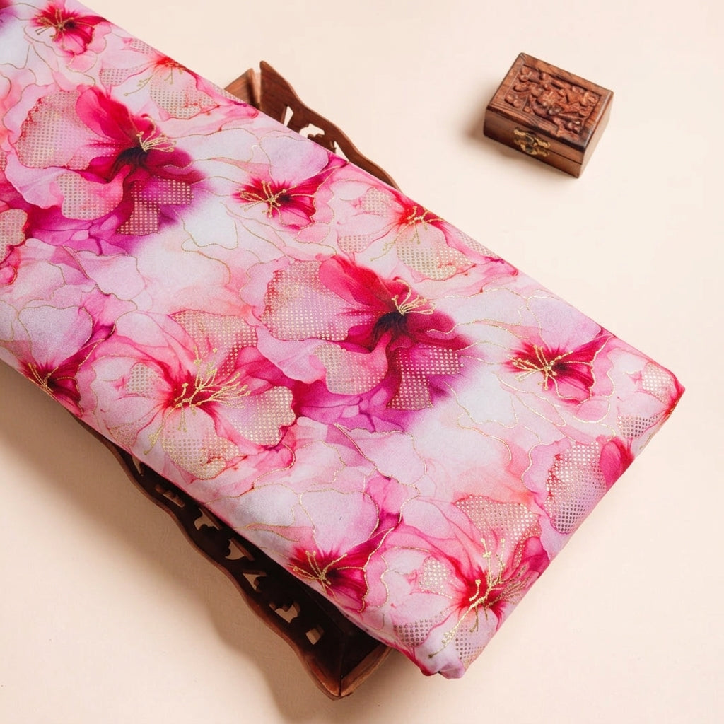 Floral Pink Floral Satin Fabric on a wooden tray