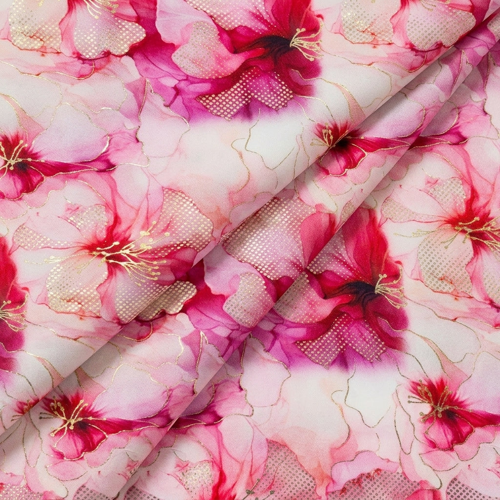 Folded Floral Pink Floral Satin Fabric