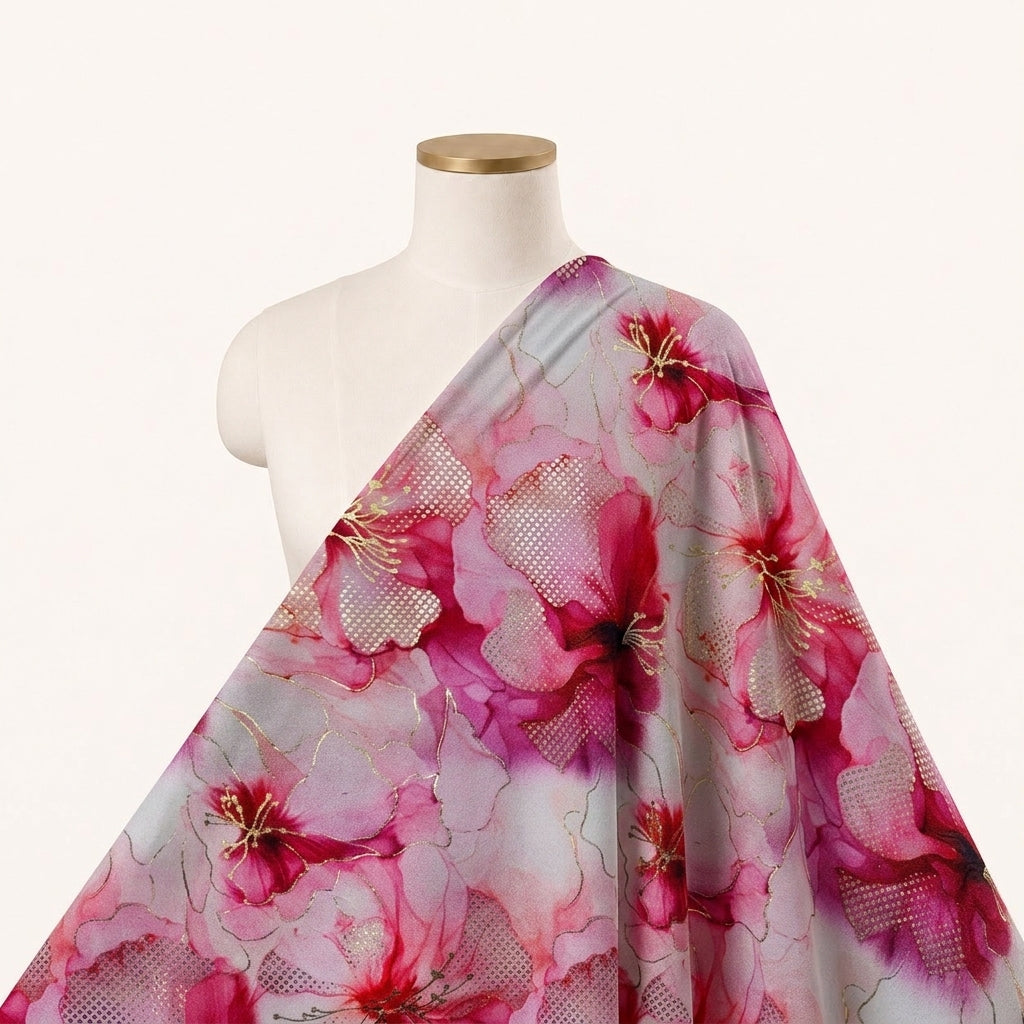 Floral Pink Floral Satin Fabric Draped as a saree