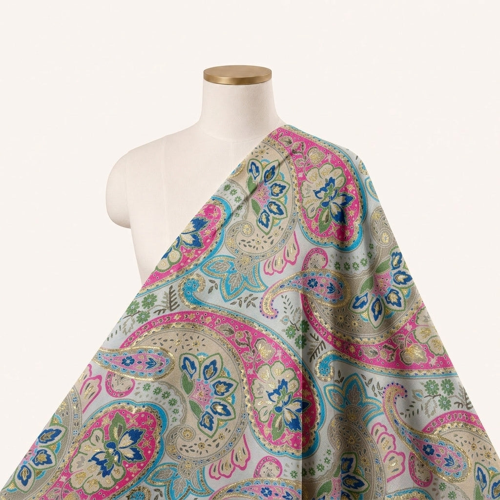 Paisley Cream Paisley Satin Fabric Draped as a saree