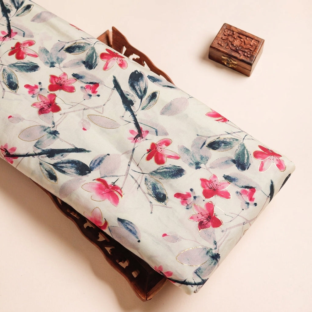 Floral White Floral Satin Fabric on a wooden tray