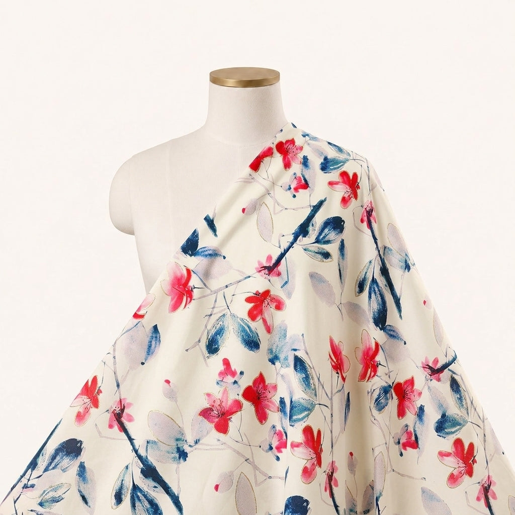 Floral White Floral Satin Fabric Draped as a saree