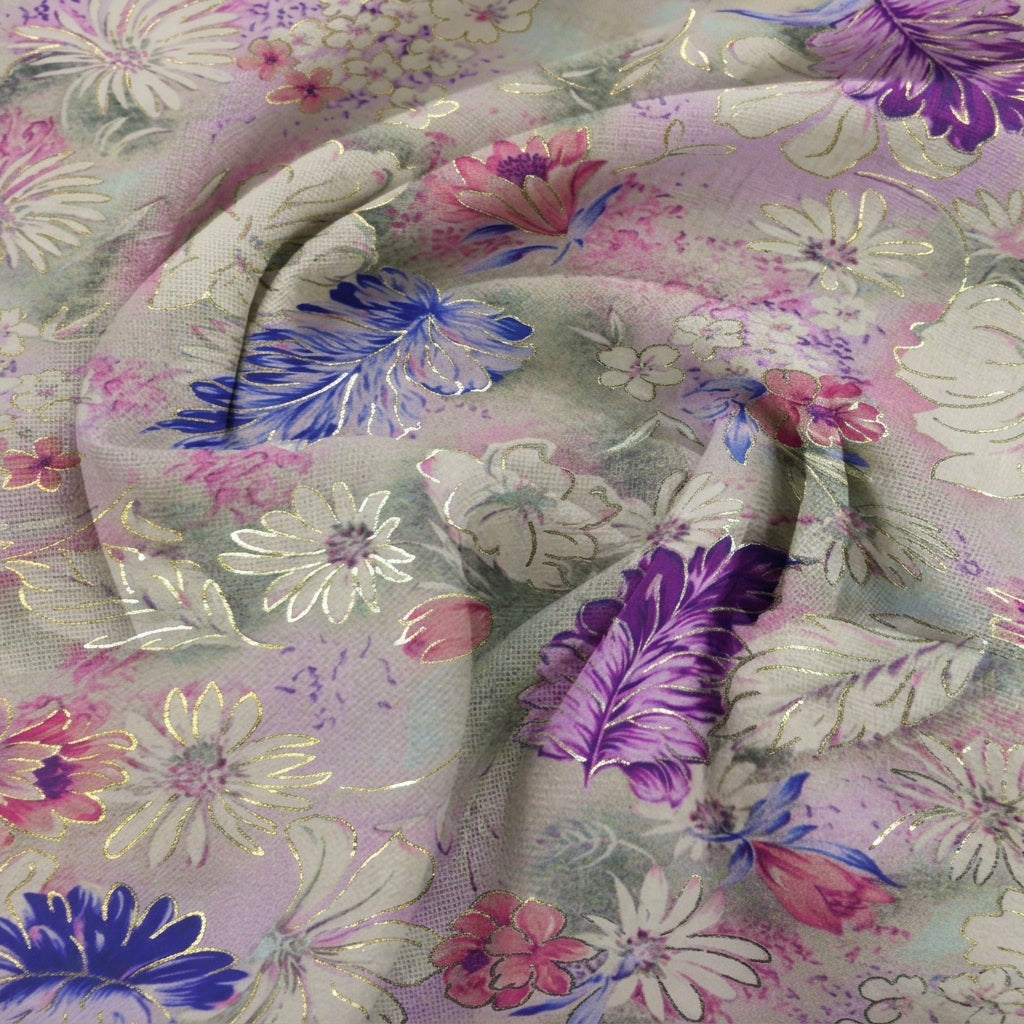 Swirled Floral Violet Floral Satin Fabric