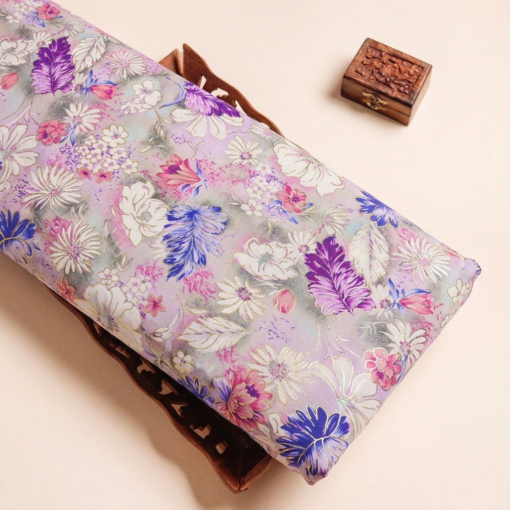 Floral Violet Floral Satin Fabric on a wooden tray